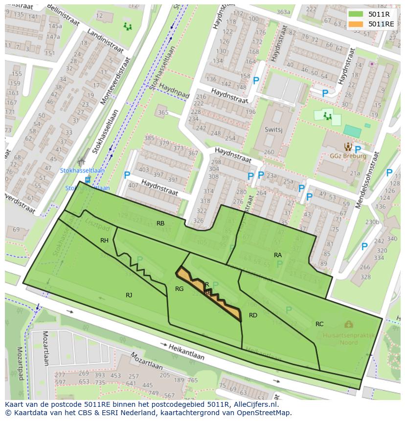 Afbeelding van het postcodegebied 5011 RE op de kaart.