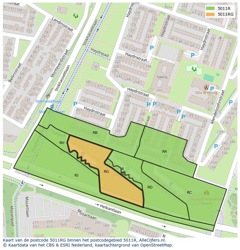 Afbeelding van het postcodegebied 5011 RG op de kaart.