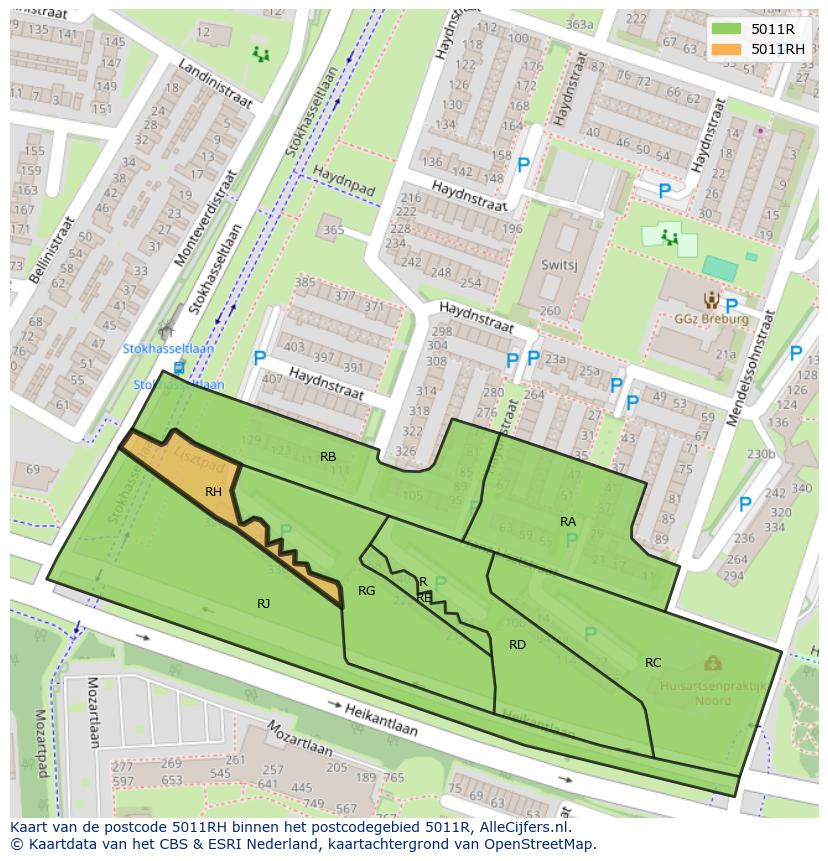Afbeelding van het postcodegebied 5011 RH op de kaart.