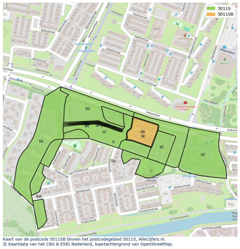 Afbeelding van het postcodegebied 5011 SB op de kaart.