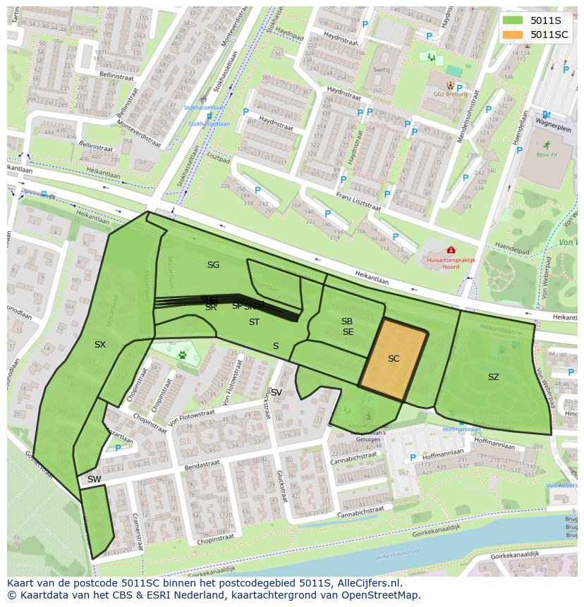 Afbeelding van het postcodegebied 5011 SC op de kaart.
