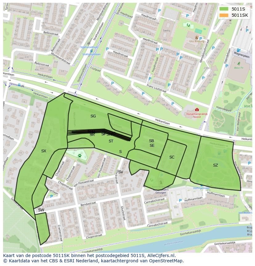 Afbeelding van het postcodegebied 5011 SK op de kaart.