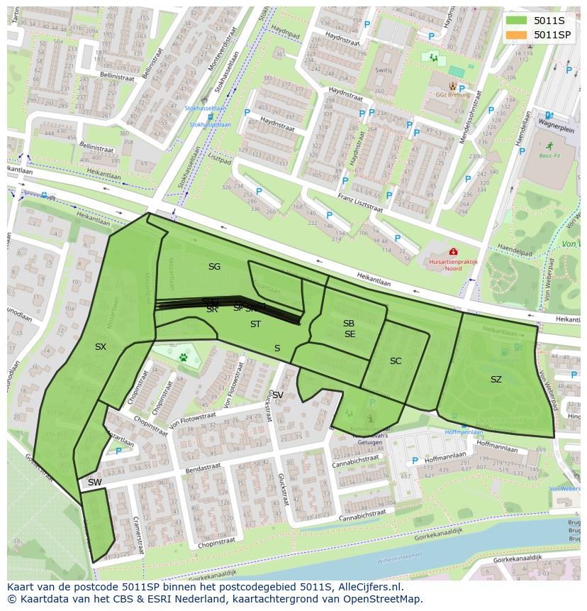 Afbeelding van het postcodegebied 5011 SP op de kaart.