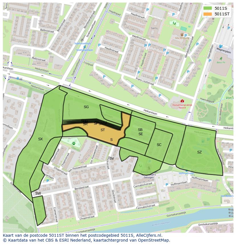 Afbeelding van het postcodegebied 5011 ST op de kaart.