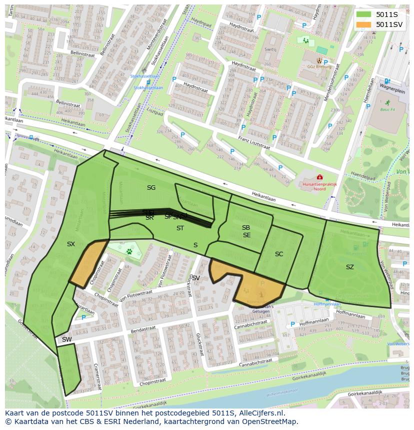 Afbeelding van het postcodegebied 5011 SV op de kaart.
