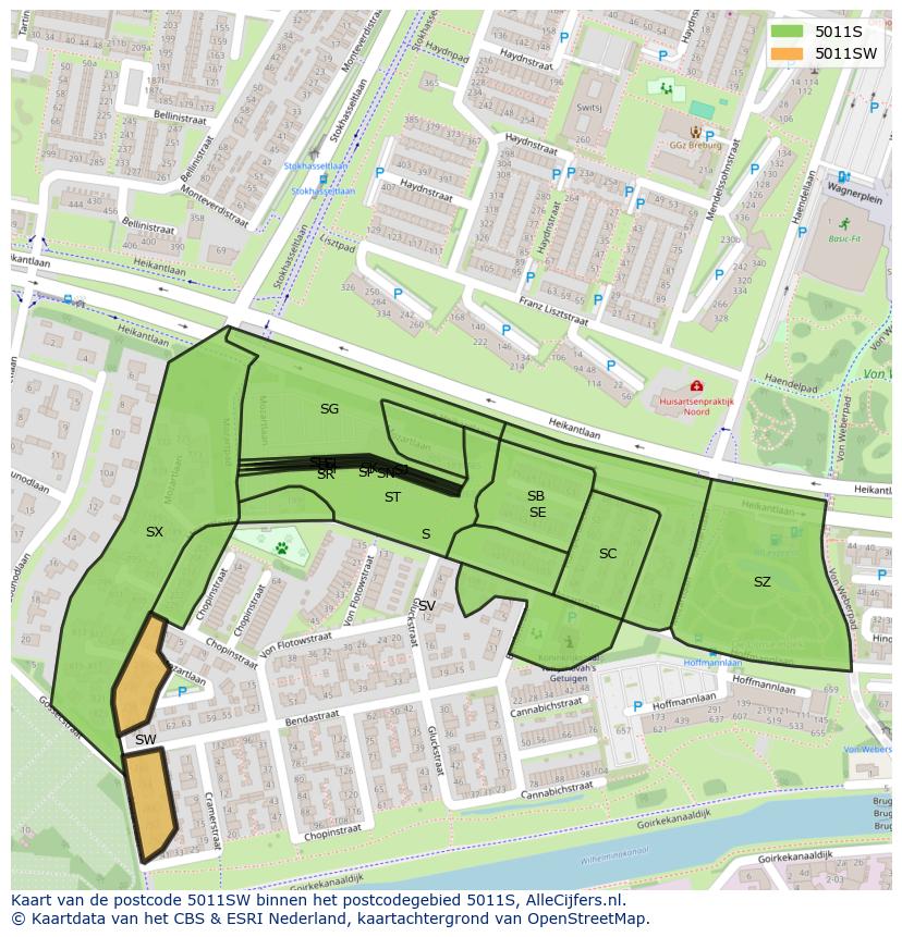 Afbeelding van het postcodegebied 5011 SW op de kaart.
