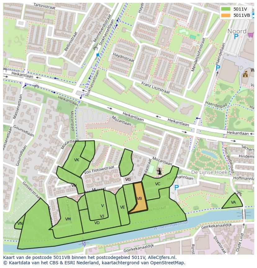 Afbeelding van het postcodegebied 5011 VB op de kaart.
