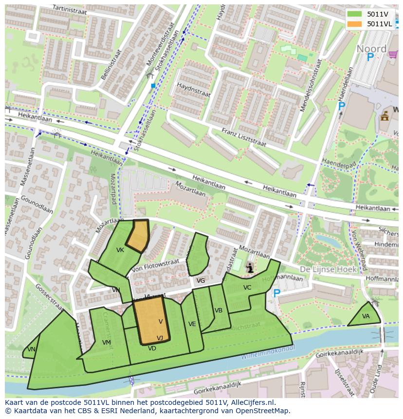Afbeelding van het postcodegebied 5011 VL op de kaart.