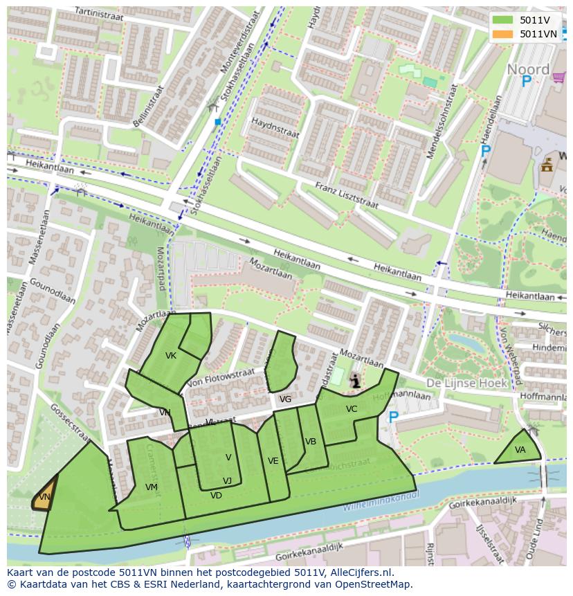 Afbeelding van het postcodegebied 5011 VN op de kaart.