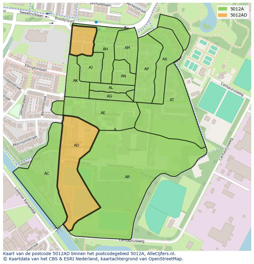 Afbeelding van het postcodegebied 5012 AD op de kaart.