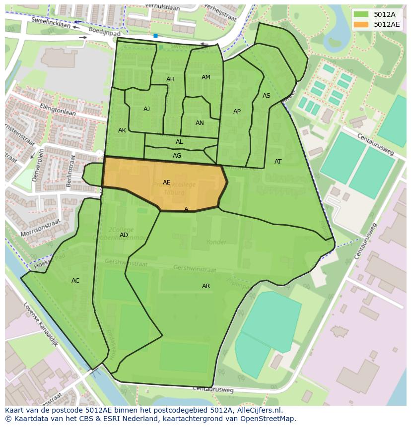 Afbeelding van het postcodegebied 5012 AE op de kaart.