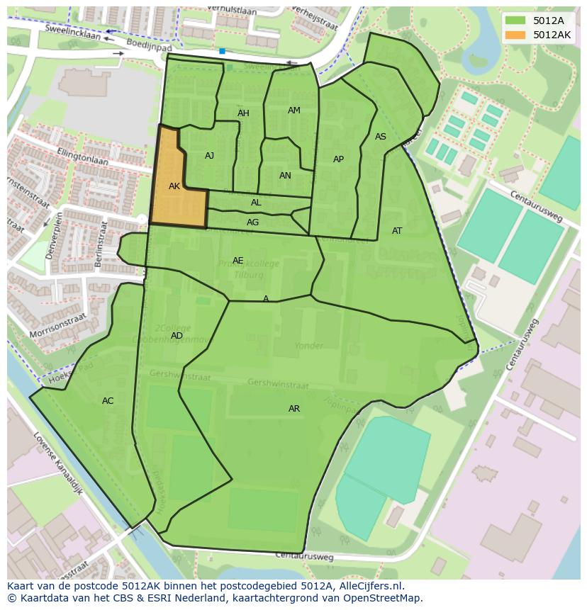 Afbeelding van het postcodegebied 5012 AK op de kaart.