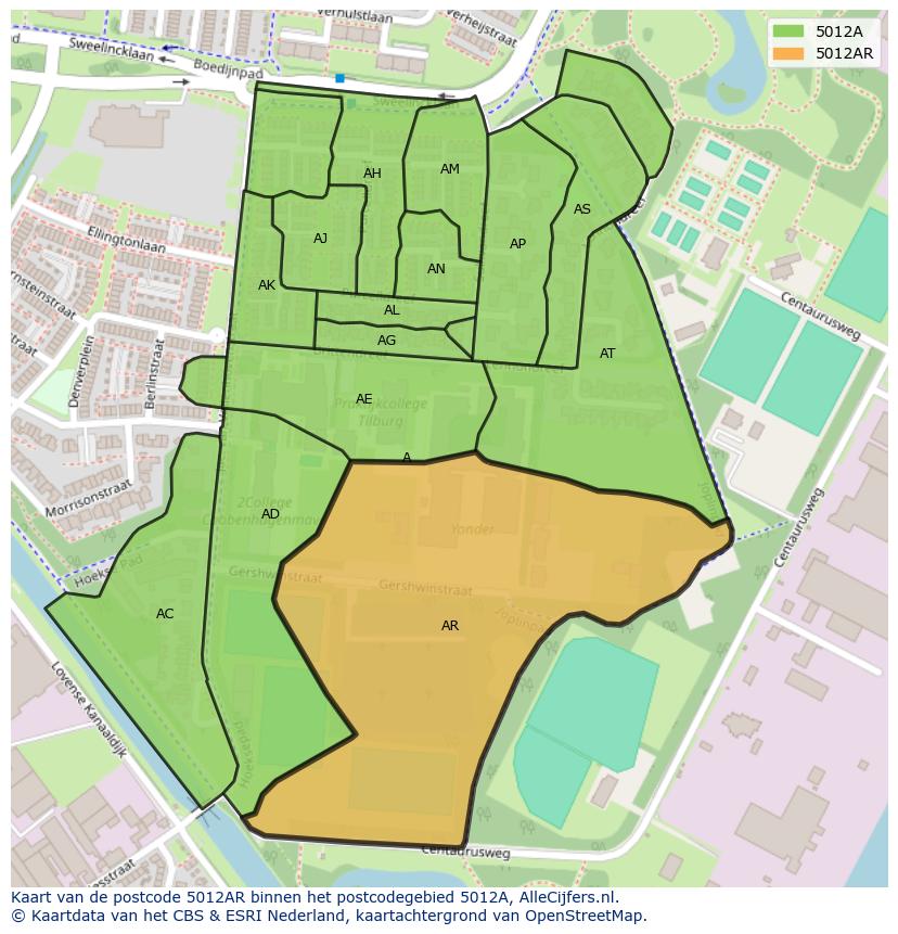 Afbeelding van het postcodegebied 5012 AR op de kaart.