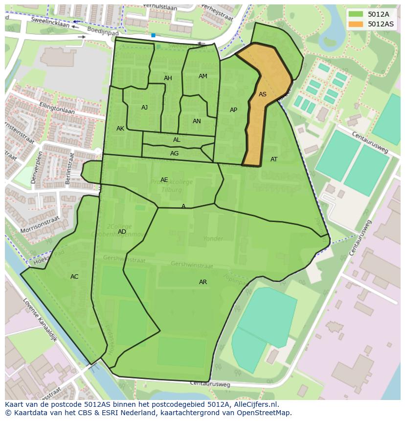 Afbeelding van het postcodegebied 5012 AS op de kaart.