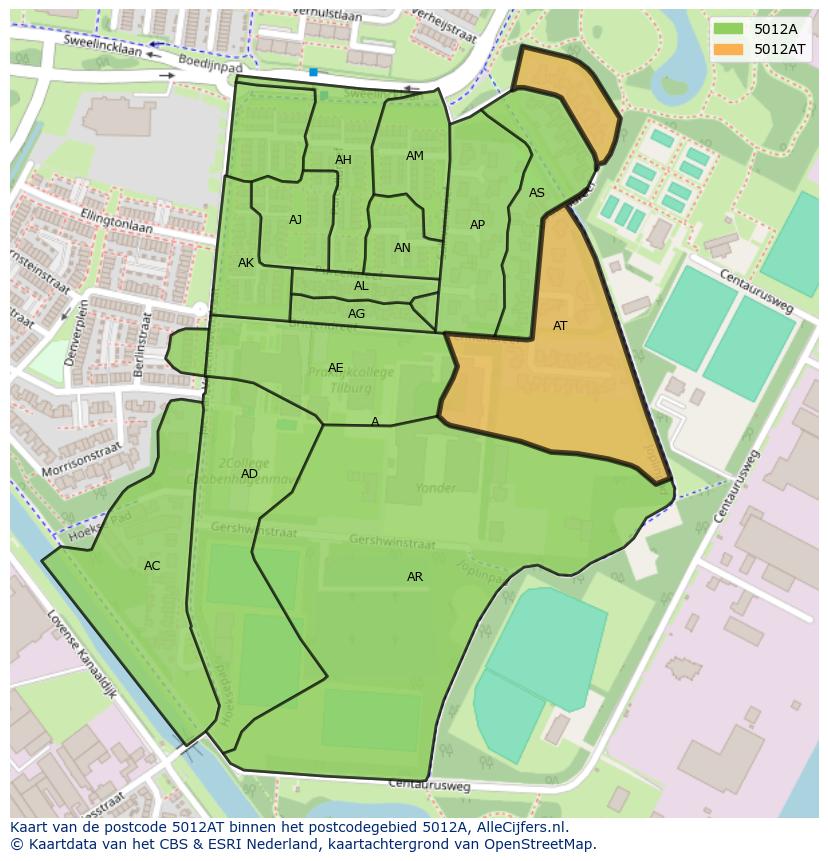 Afbeelding van het postcodegebied 5012 AT op de kaart.