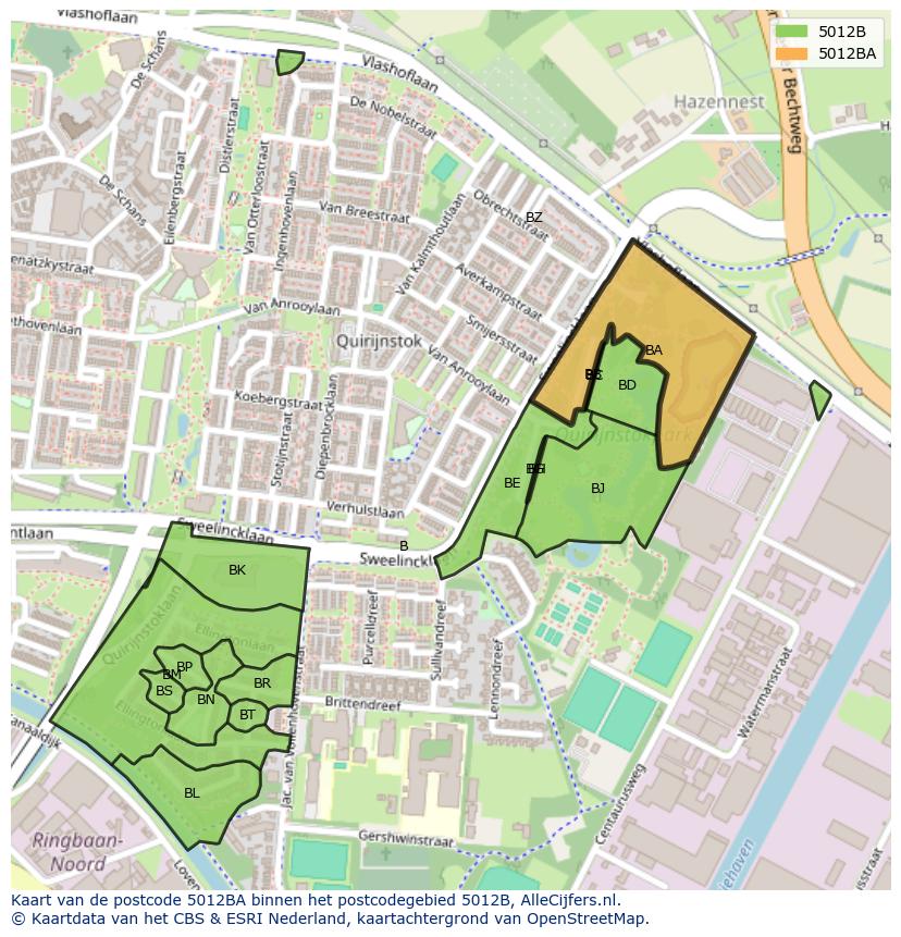 Afbeelding van het postcodegebied 5012 BA op de kaart.