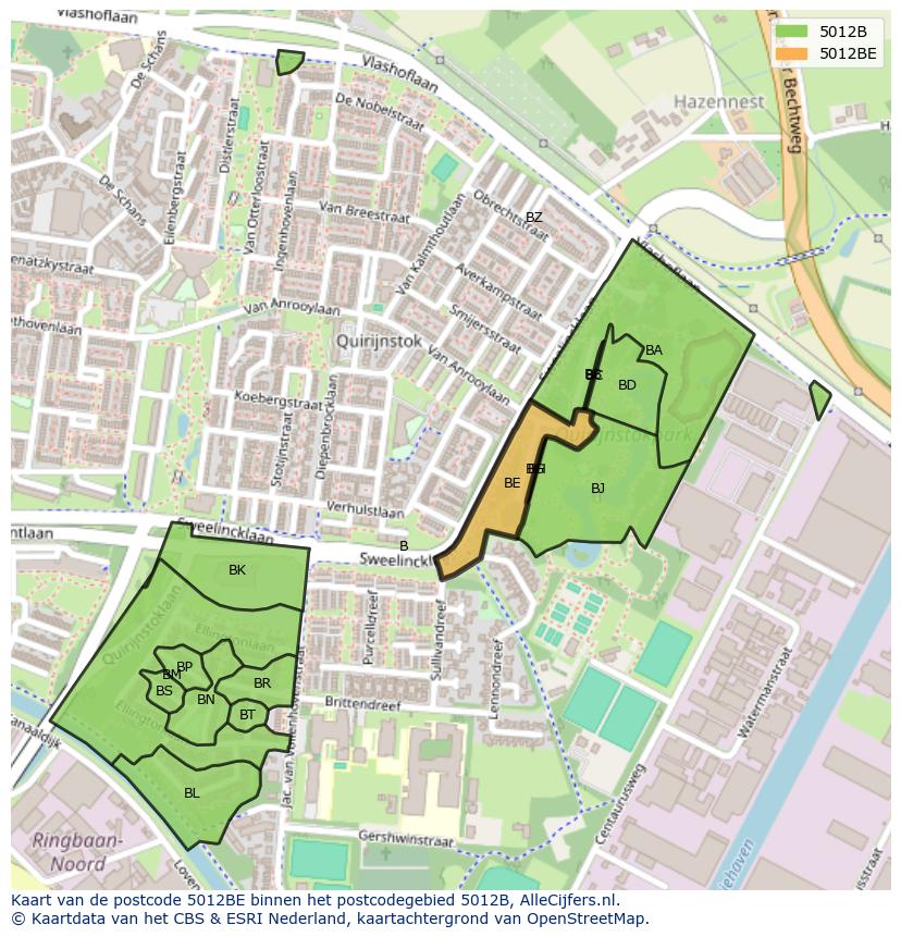 Afbeelding van het postcodegebied 5012 BE op de kaart.