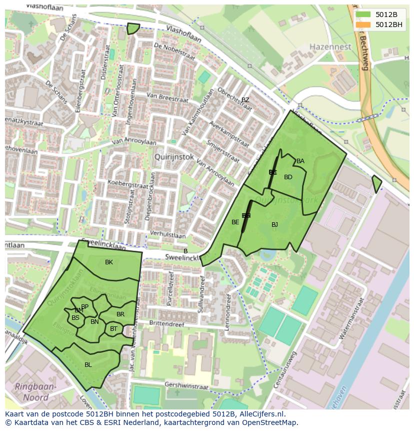 Afbeelding van het postcodegebied 5012 BH op de kaart.