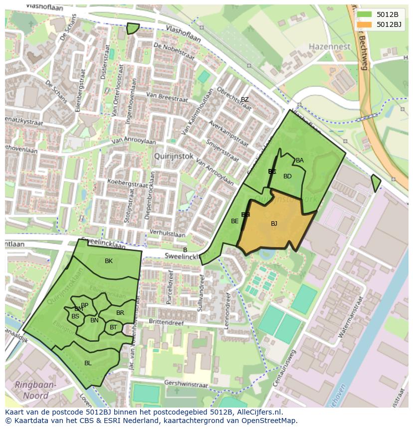 Afbeelding van het postcodegebied 5012 BJ op de kaart.