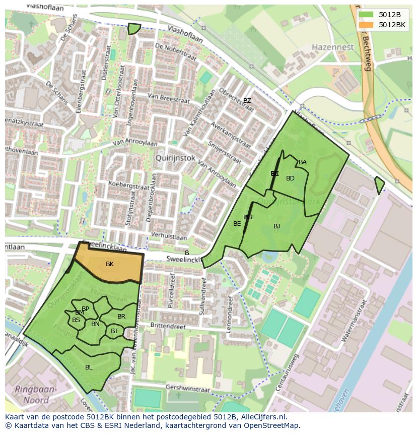 Afbeelding van het postcodegebied 5012 BK op de kaart.
