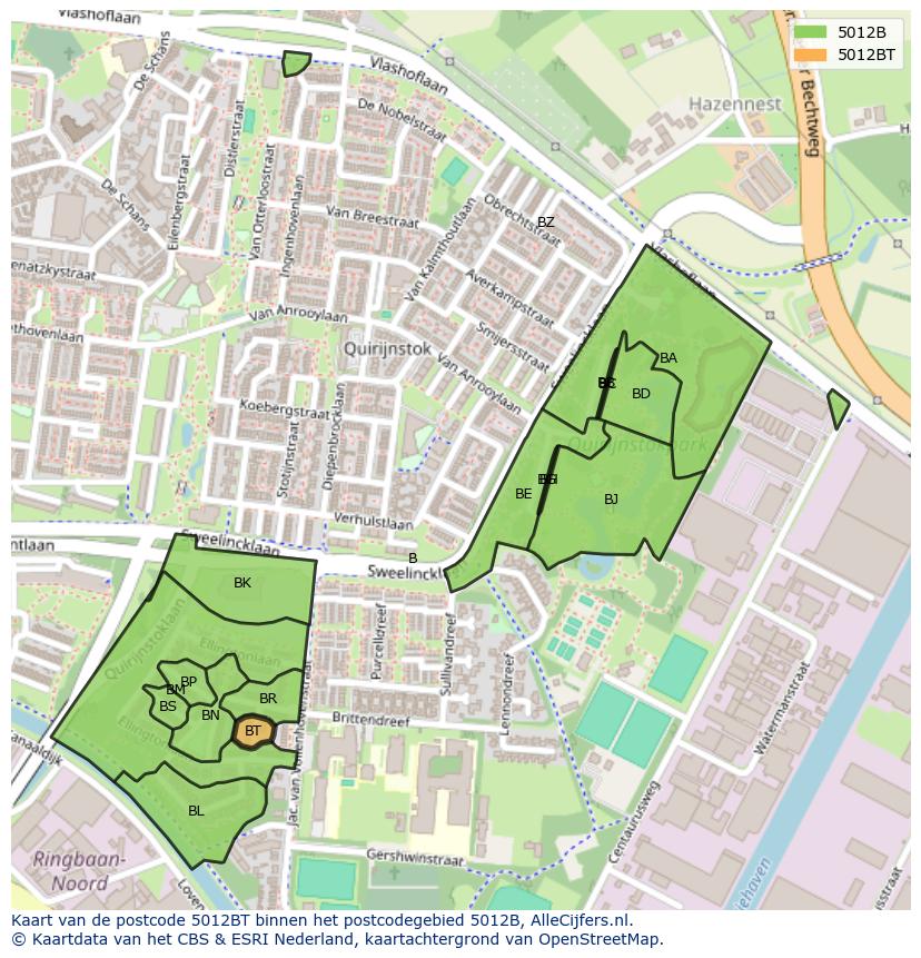 Afbeelding van het postcodegebied 5012 BT op de kaart.