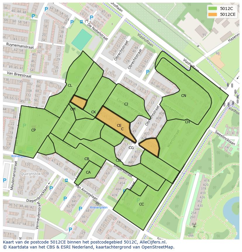 Afbeelding van het postcodegebied 5012 CE op de kaart.