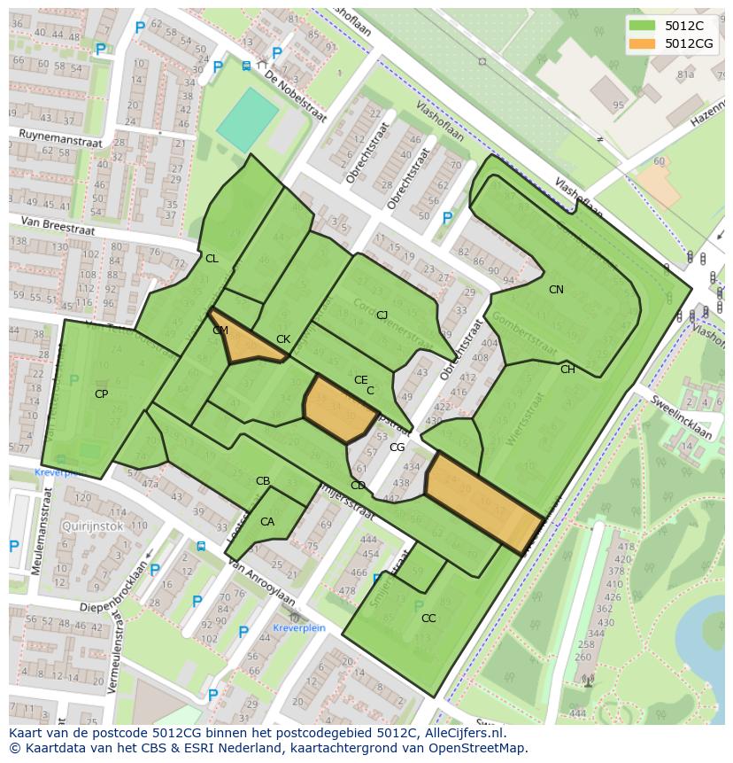 Afbeelding van het postcodegebied 5012 CG op de kaart.