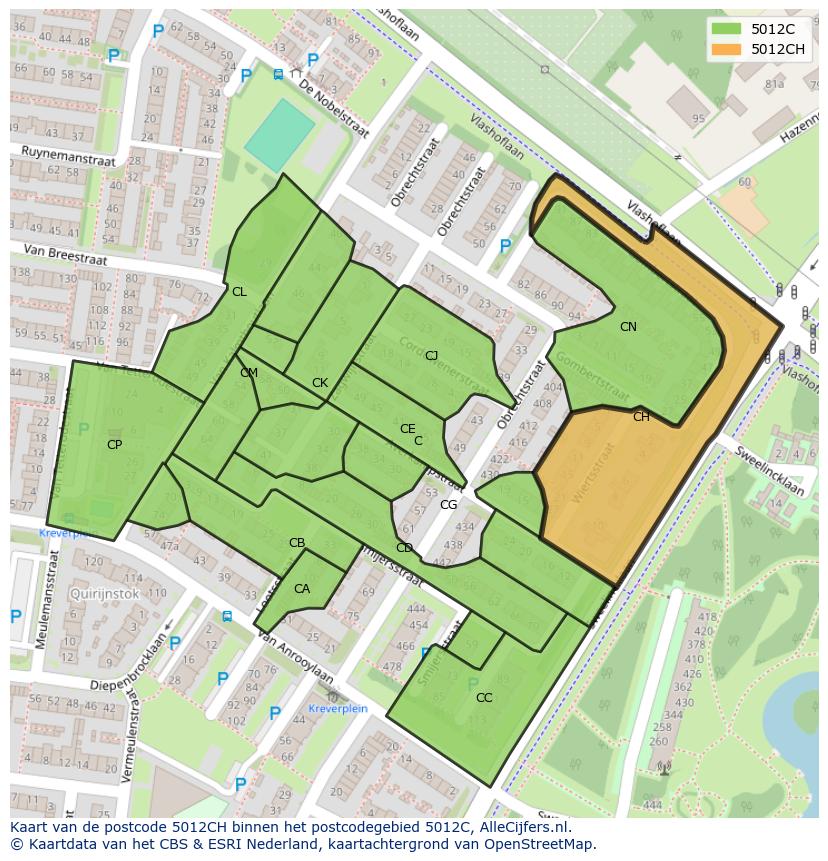 Afbeelding van het postcodegebied 5012 CH op de kaart.