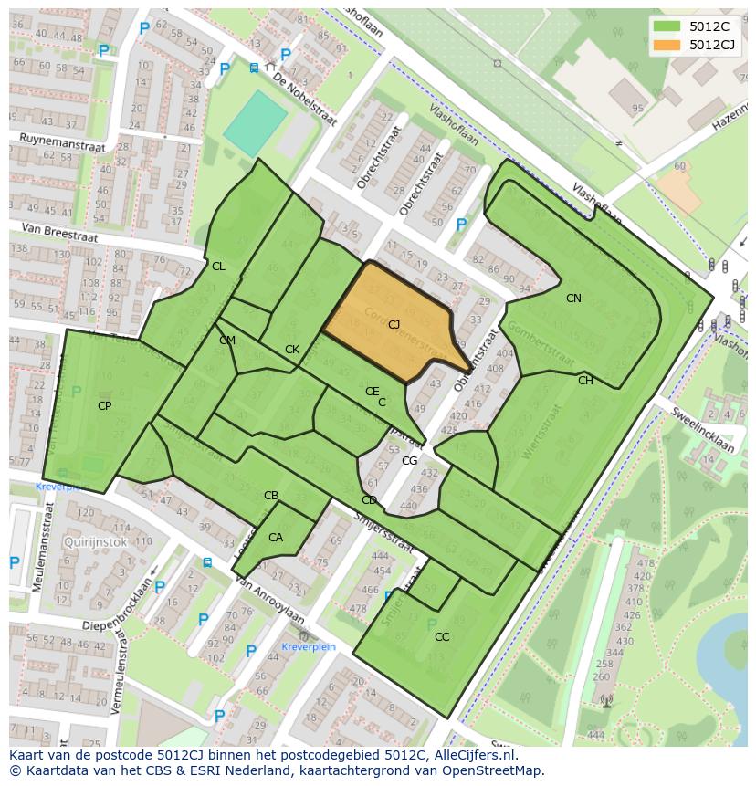 Afbeelding van het postcodegebied 5012 CJ op de kaart.