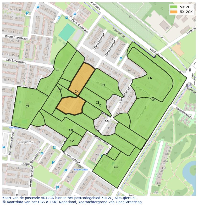 Afbeelding van het postcodegebied 5012 CK op de kaart.