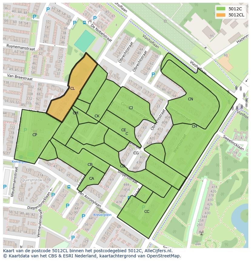 Afbeelding van het postcodegebied 5012 CL op de kaart.