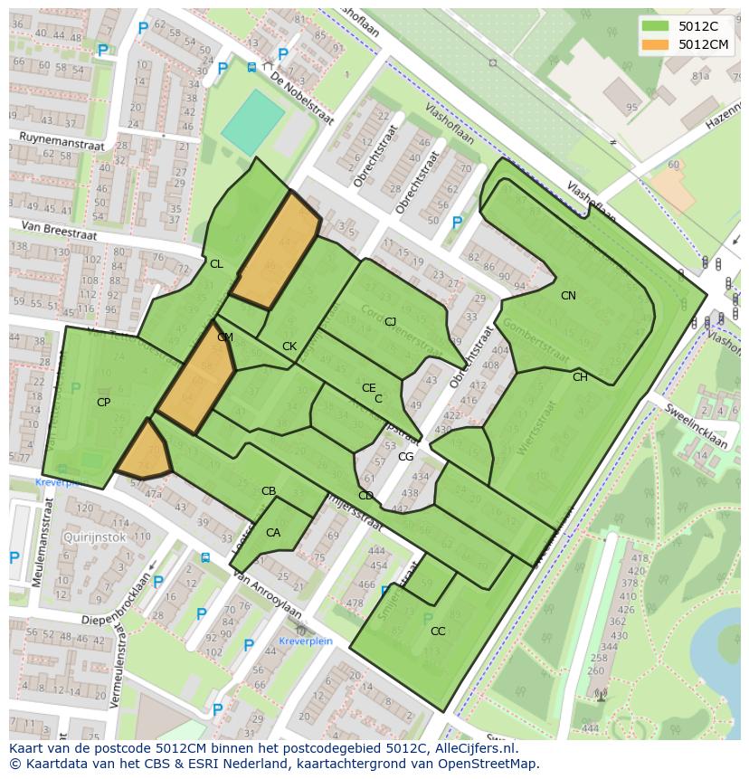 Afbeelding van het postcodegebied 5012 CM op de kaart.