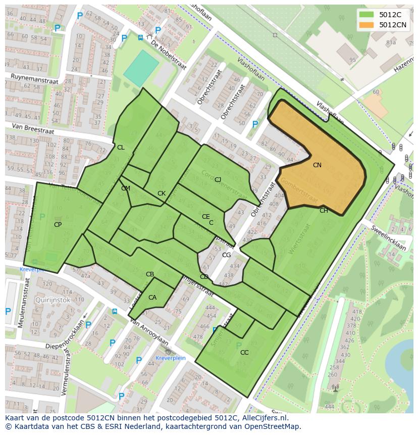 Afbeelding van het postcodegebied 5012 CN op de kaart.