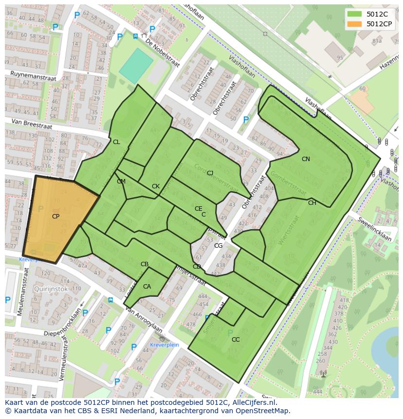 Afbeelding van het postcodegebied 5012 CP op de kaart.