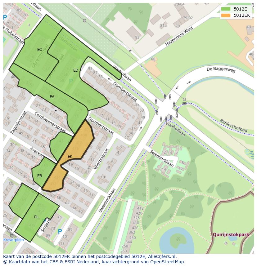 Afbeelding van het postcodegebied 5012 EK op de kaart.