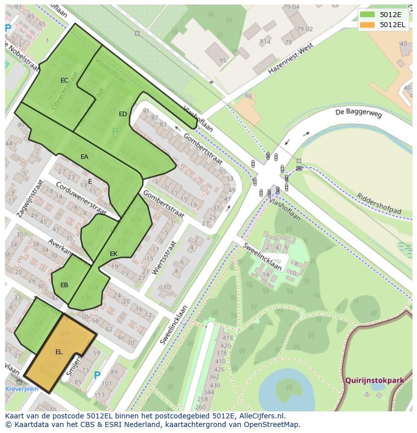 Afbeelding van het postcodegebied 5012 EL op de kaart.