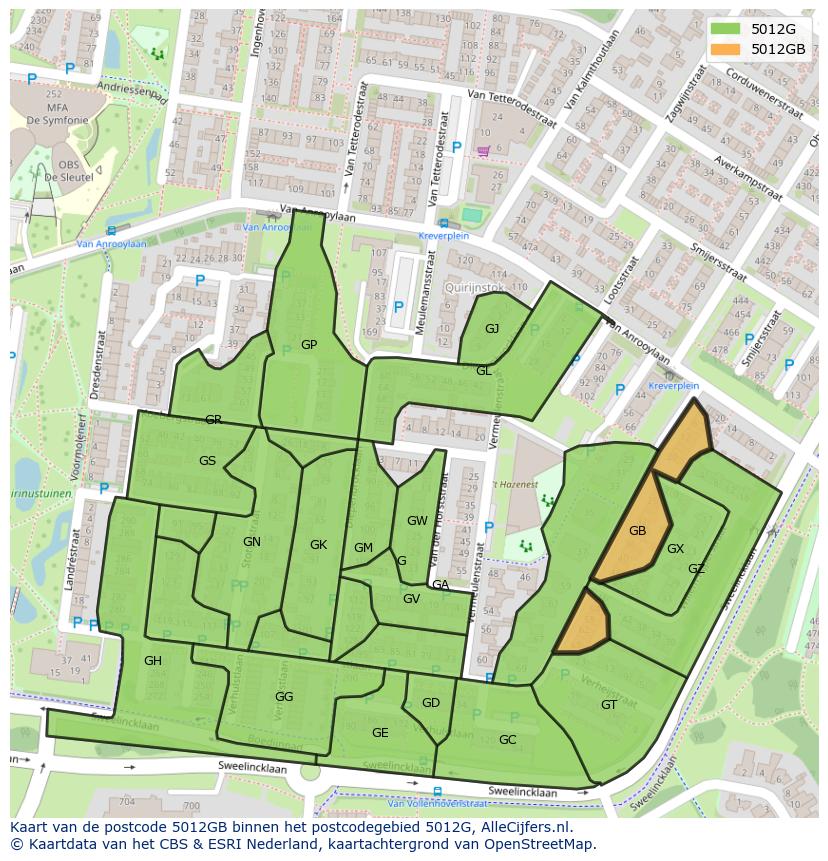 Afbeelding van het postcodegebied 5012 GB op de kaart.
