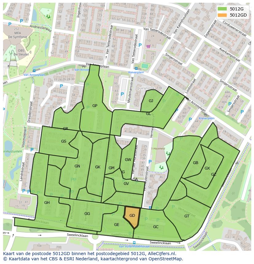 Afbeelding van het postcodegebied 5012 GD op de kaart.