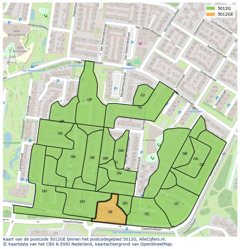 Afbeelding van het postcodegebied 5012 GE op de kaart.