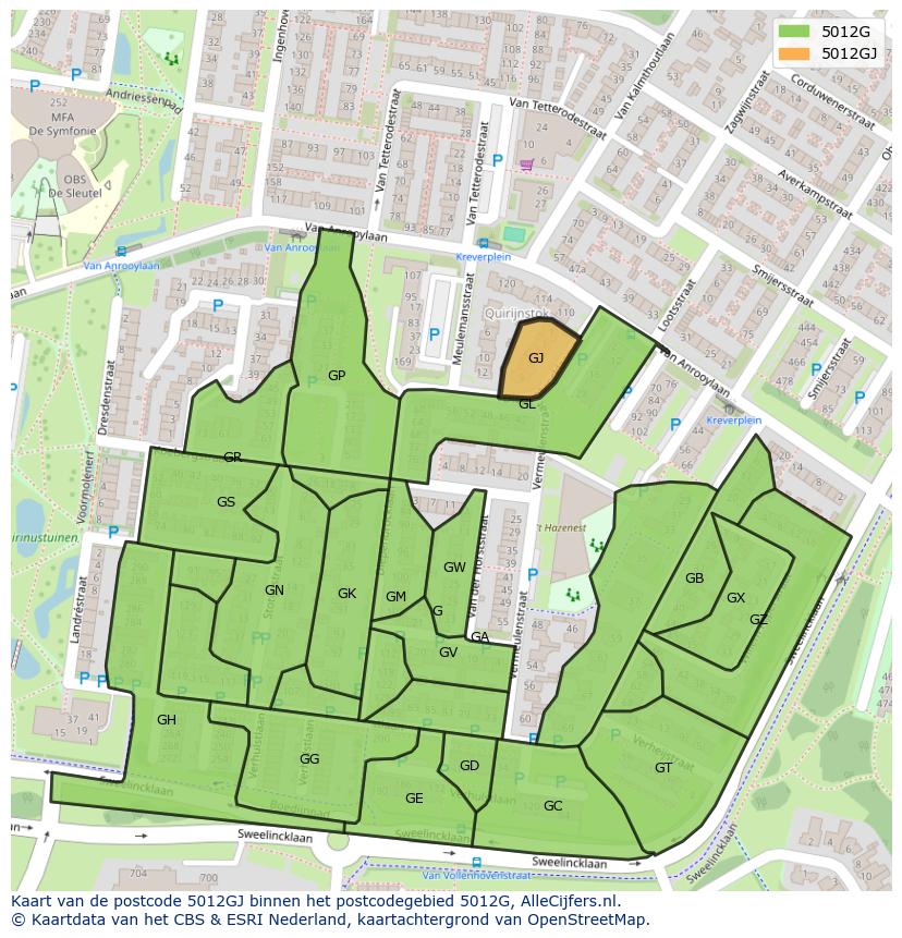 Afbeelding van het postcodegebied 5012 GJ op de kaart.