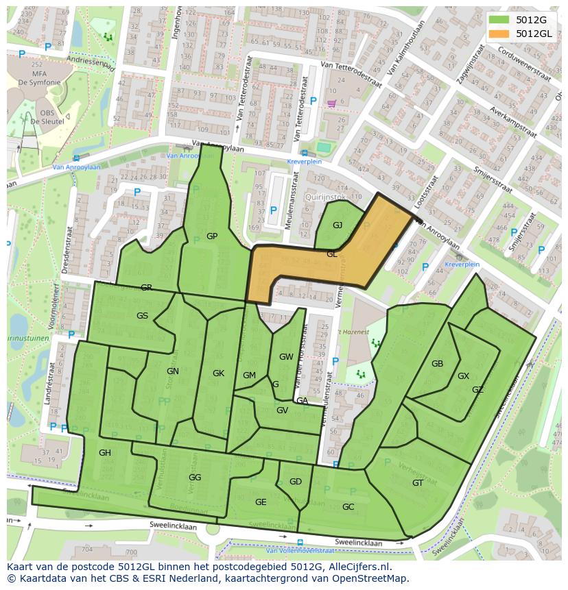 Afbeelding van het postcodegebied 5012 GL op de kaart.