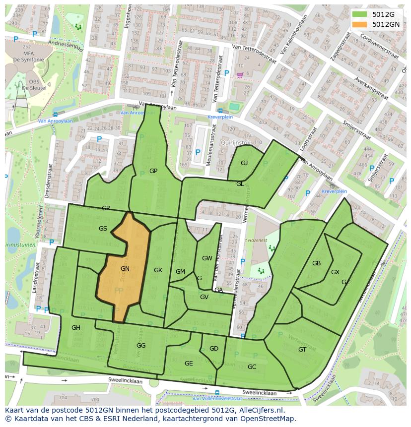 Afbeelding van het postcodegebied 5012 GN op de kaart.