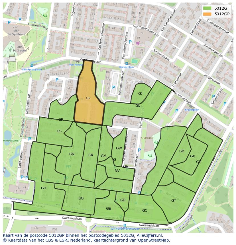 Afbeelding van het postcodegebied 5012 GP op de kaart.
