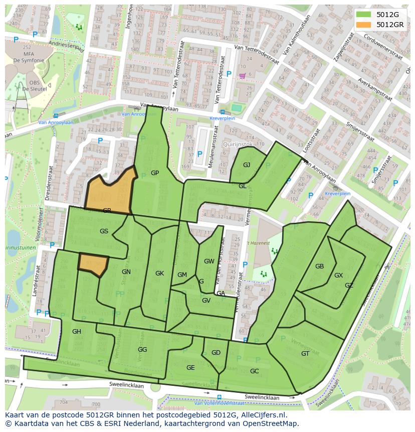 Afbeelding van het postcodegebied 5012 GR op de kaart.