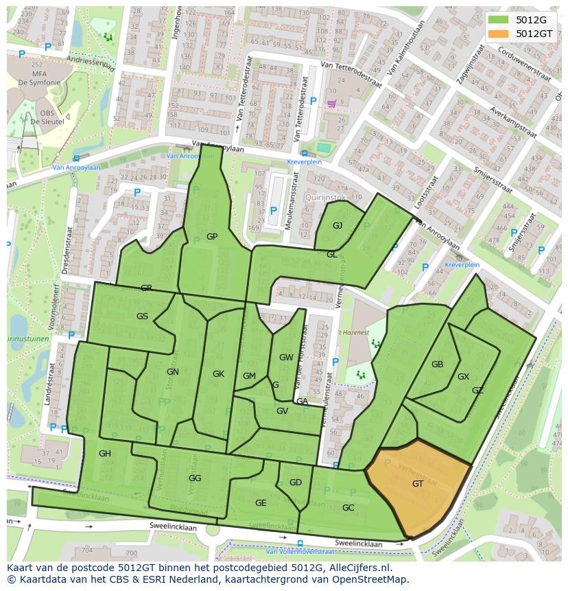 Afbeelding van het postcodegebied 5012 GT op de kaart.