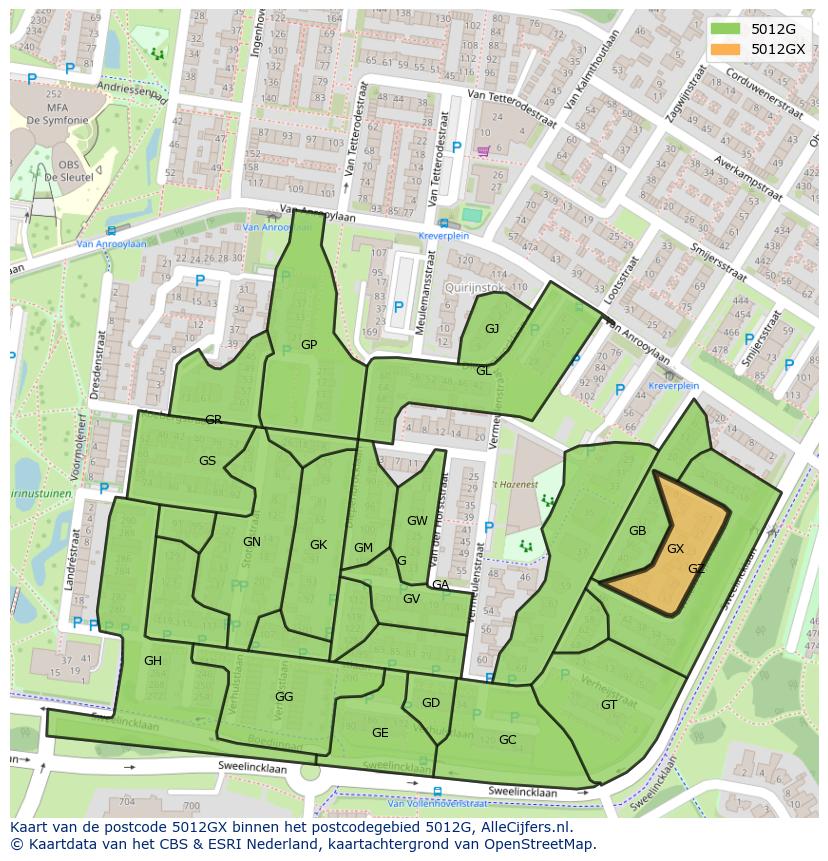 Afbeelding van het postcodegebied 5012 GX op de kaart.