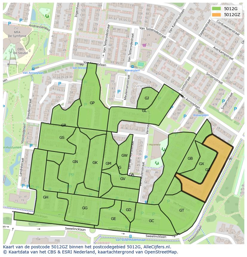 Afbeelding van het postcodegebied 5012 GZ op de kaart.