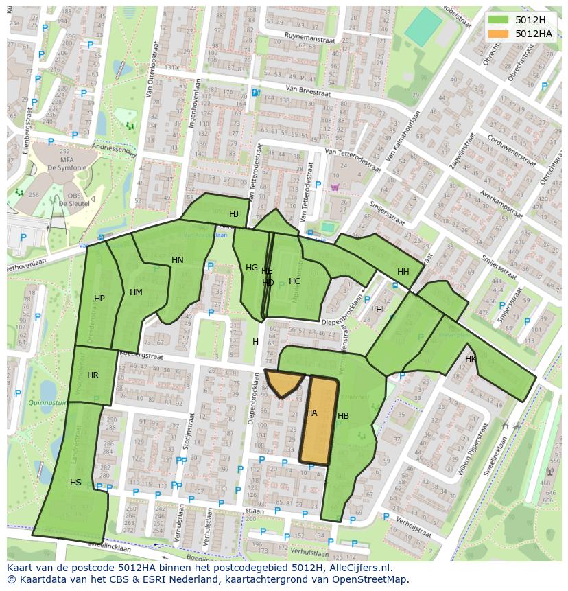 Afbeelding van het postcodegebied 5012 HA op de kaart.