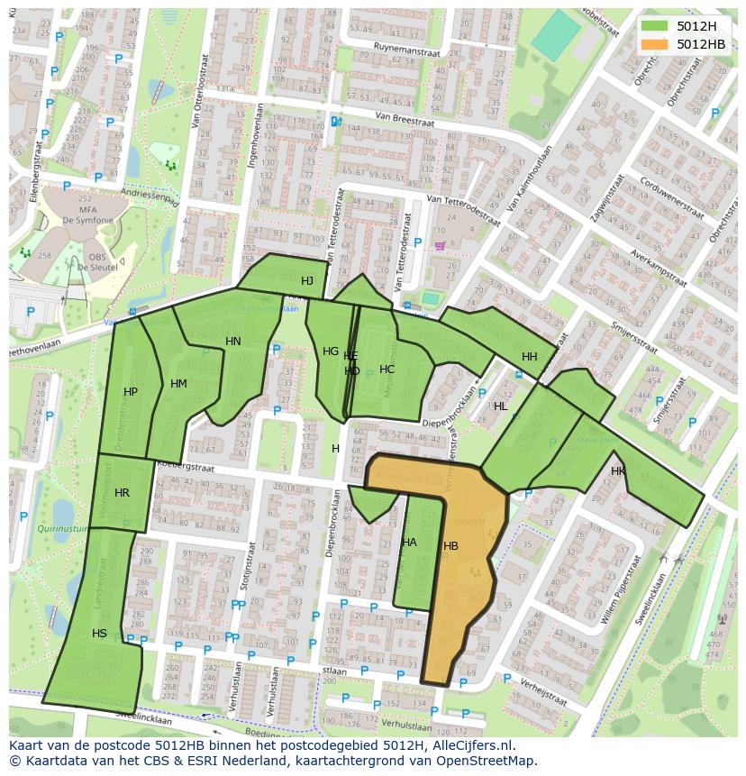 Afbeelding van het postcodegebied 5012 HB op de kaart.