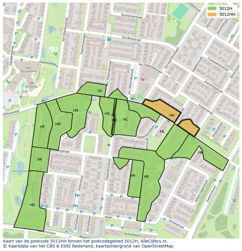 Afbeelding van het postcodegebied 5012 HH op de kaart.